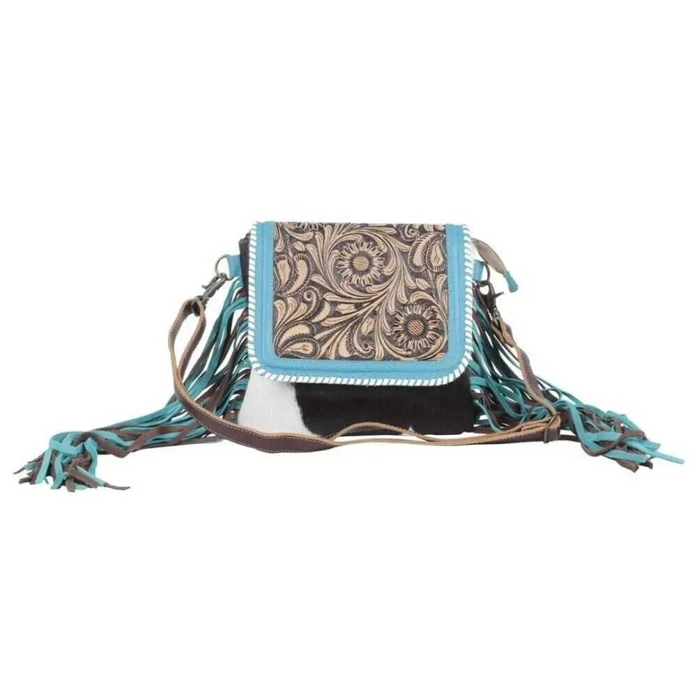 Myra Bag Handmade Misty Hand Tooled Bag Upcycled Canvas & Cowhide Leather